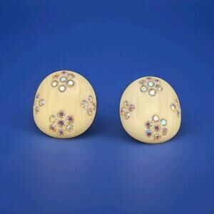 Vintage Weiss Unsigned AB Rhinestone & Cream Celluloid Clip On Earrings RARE